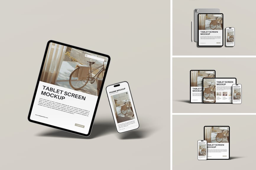 多种角度平板电脑加上智能手机双模型PSD样机素材包