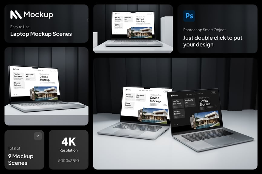 9个暗黑高级MacBook模型PSD样机素材包