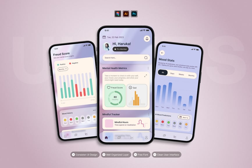 心理健康追踪器 – 移动应用程序 UI 套件-1 心理健康追踪器 – 移动应用程序 UI 套件