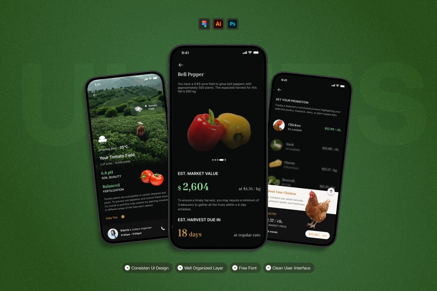 漂亮的黑色农场管理主题移动应用APP UI界面素材包