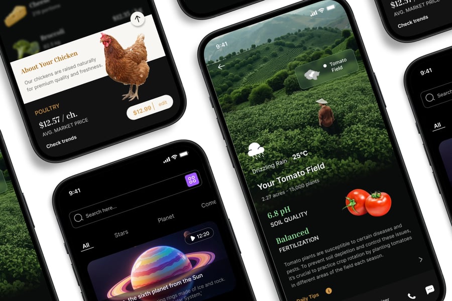 漂亮的黑色农场管理主题移动应用APP UI界面素材包