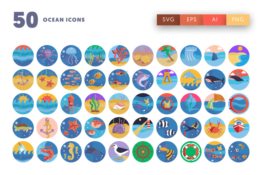 50个漂亮的矢量海洋图标素材包