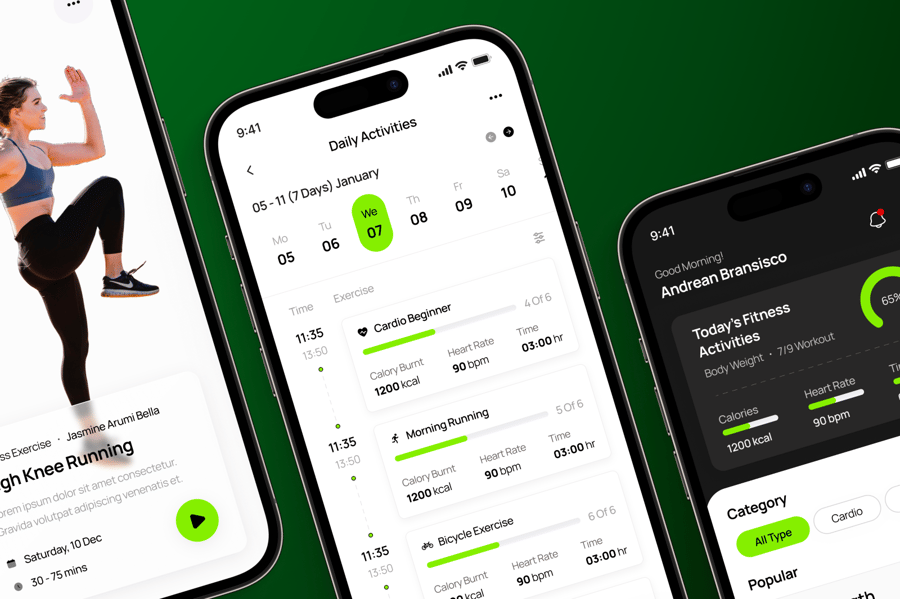 黑绿色搭配健身应用移动APP UI界面素材包