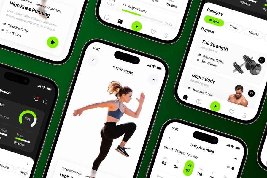 黑绿色搭配健身应用移动APP UI界面素材包