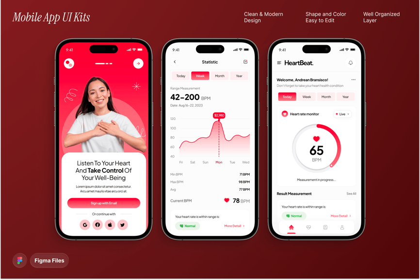 心率测试和健身追踪主题移动APP UI界面素材包