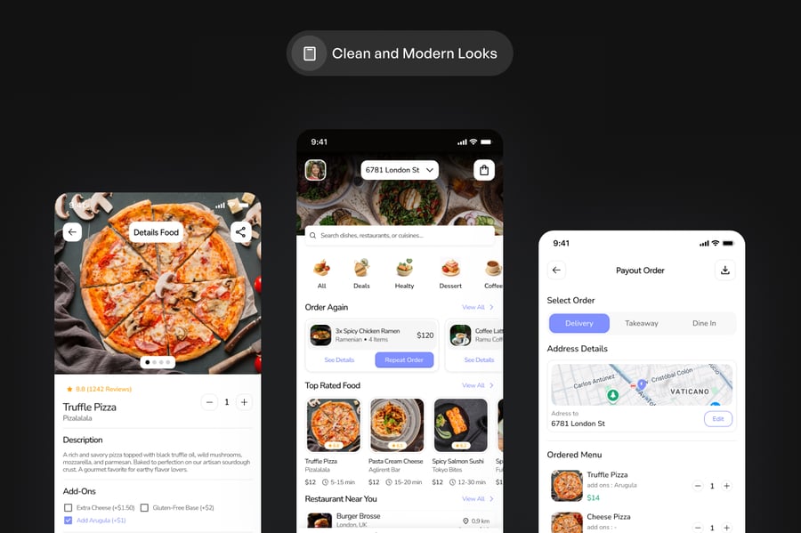 漂亮的黑色食品配送移动应用 UI 设计套件