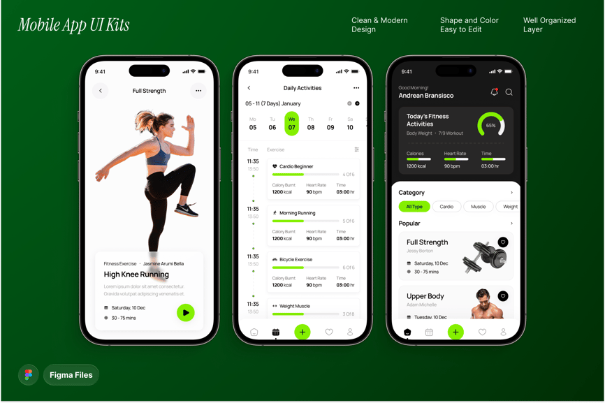 黑绿色搭配健身应用移动APP UI界面素材包