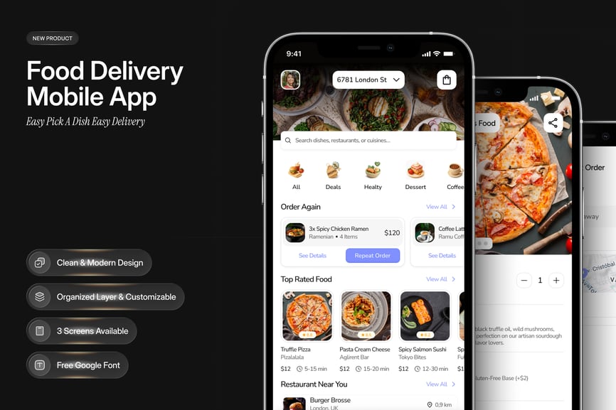 漂亮的黑色食品配送移动应用 UI 设计套件