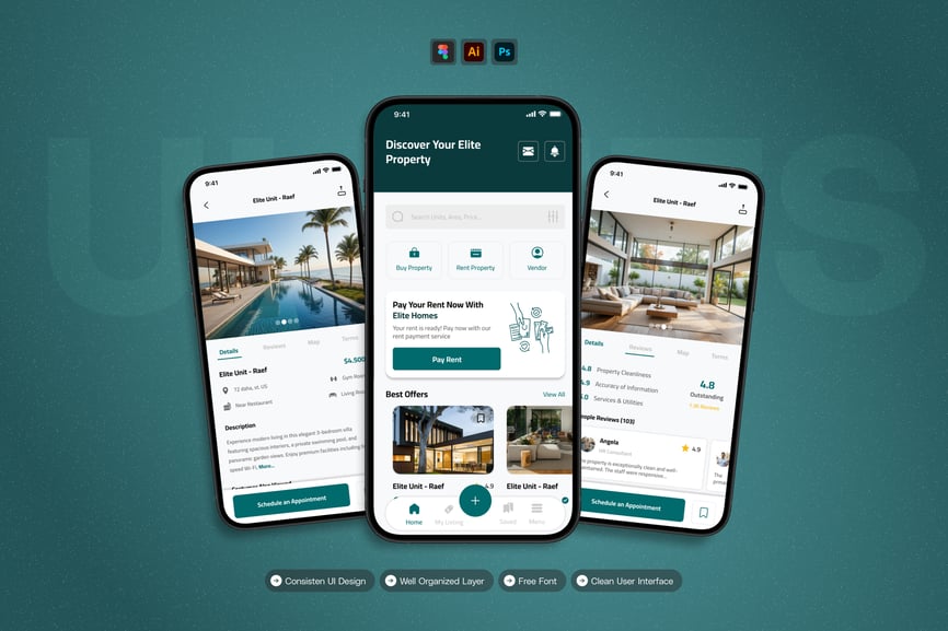 漂亮的绿色房地产主题APP UI界面素材包