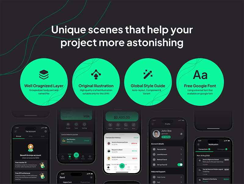 60多个优雅而高效的绿黑电子钱包APP UI界面素材包