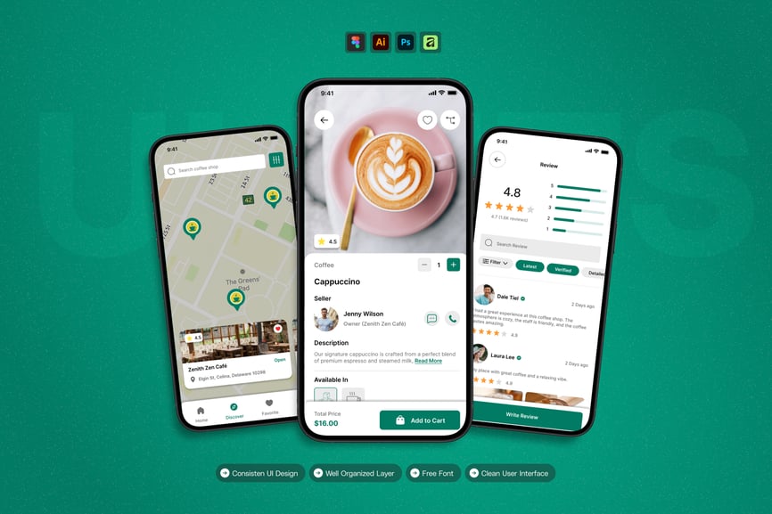 绿色咖啡店主题移动APP UI界面素材包