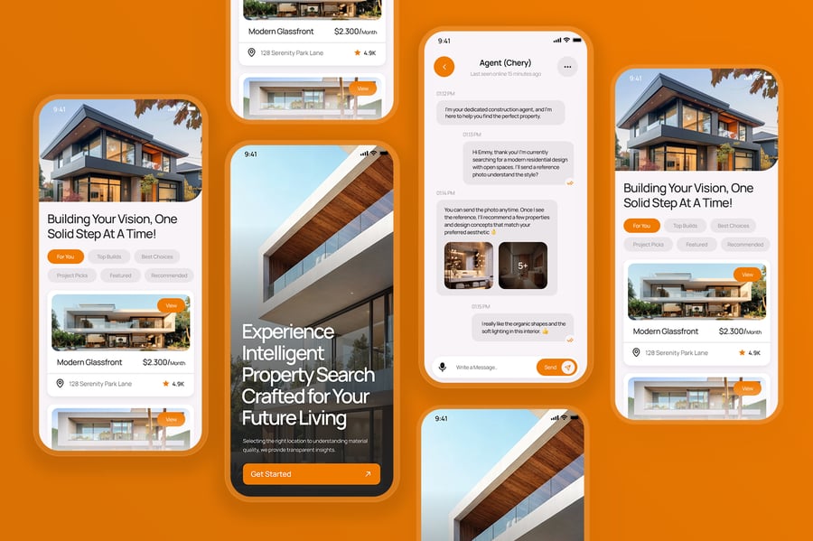 一套漂亮的橙色建筑代理移动APP UI界面素材包