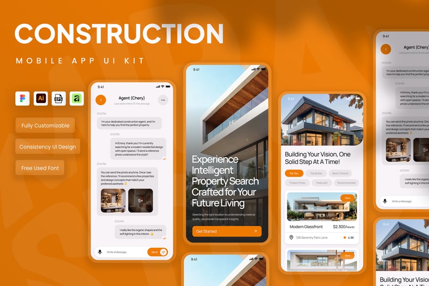 一套漂亮的橙色建筑代理移动APP UI界面素材包