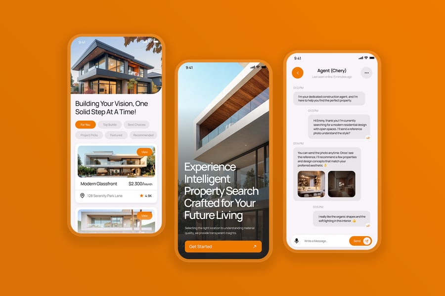 一套漂亮的橙色建筑代理移动APP UI界面素材包