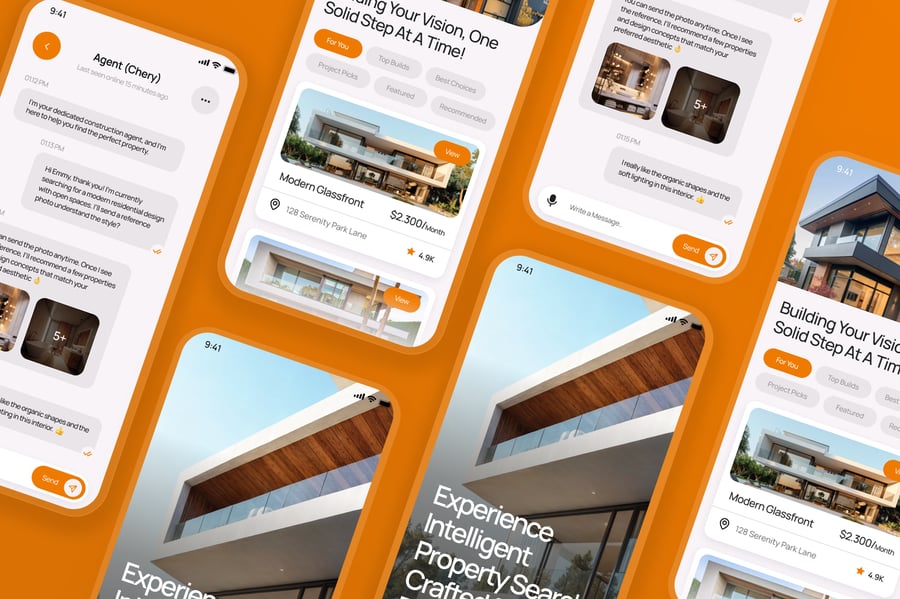 一套漂亮的橙色建筑代理移动APP UI界面素材包