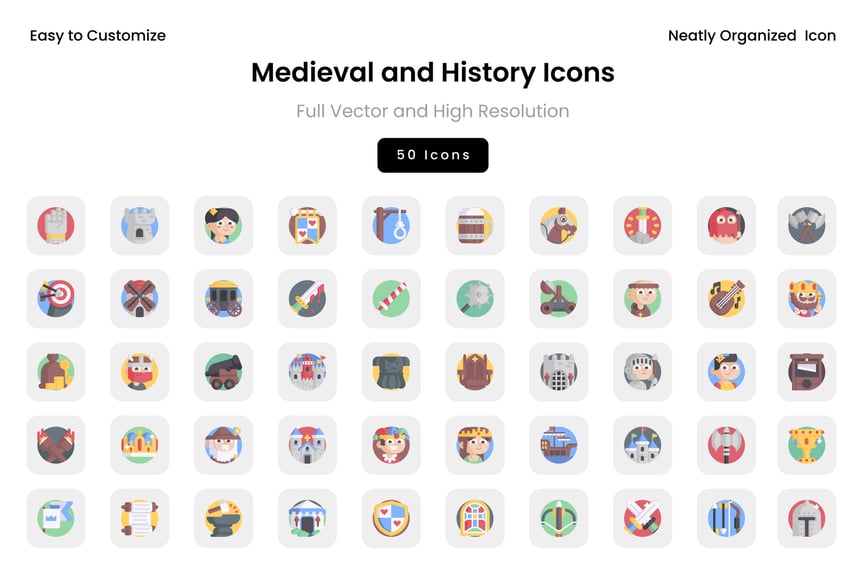 50个中世纪和历史主题图标素材包