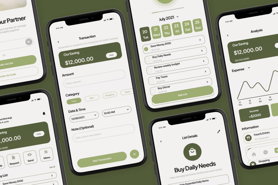 一套绿色情侣理财应用APP UI界面素材包