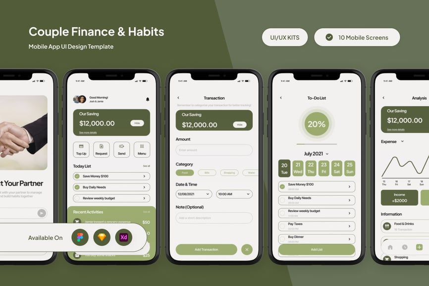 一套绿色情侣理财应用APP UI界面素材包