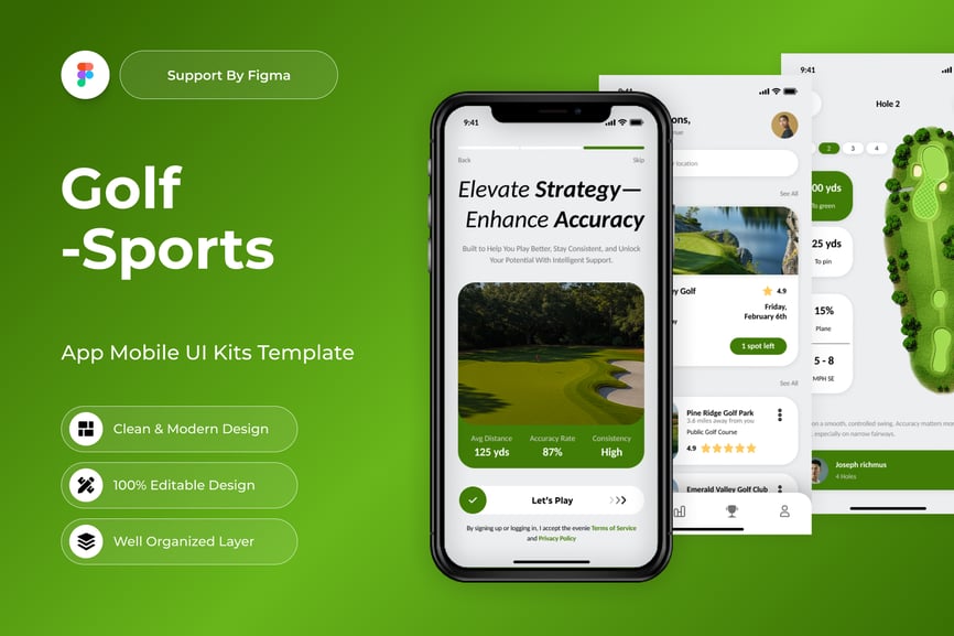 绿色高尔夫球运动主题APP UI界面素材包(Figma)-1 绿色高尔夫球运动主题APP UI界面素材包(Figma)