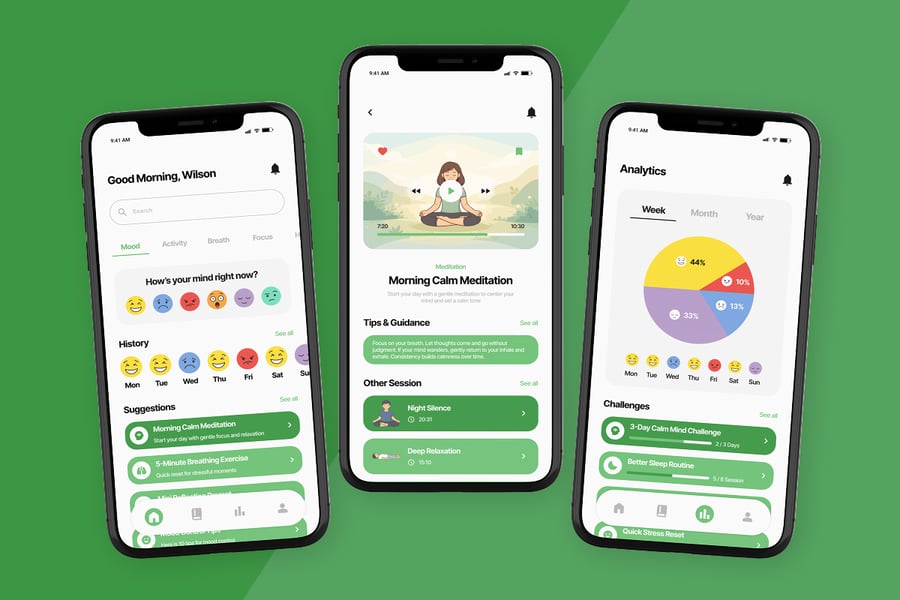 绿色情感化设计健康主题APP UI界面素材包