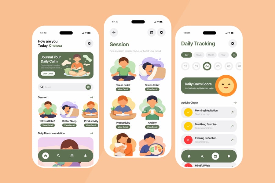 画风温暖情感化插画设计心理健康主题移动APP UI界面素材包