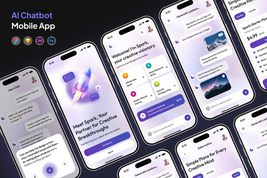 漂亮的紫色AI聊天机器人APP UI界面素材包