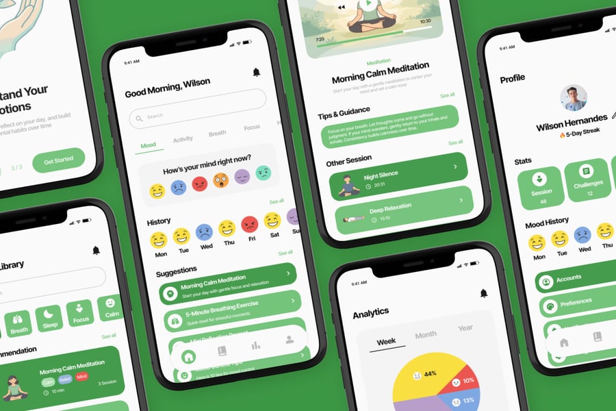 绿色情感化设计健康主题APP UI界面素材包