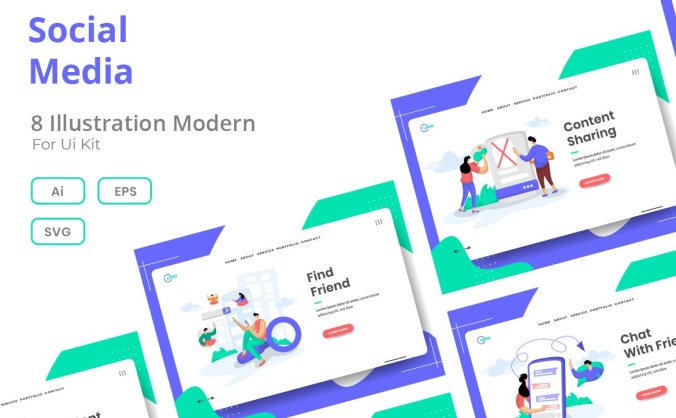 8套扁平化风格社交banner海报着陆页矢量插画素材包