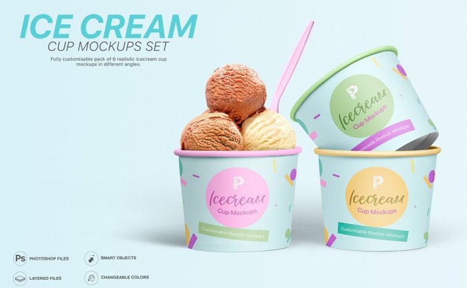 6个夏日精美冰淇淋球包装手持碗设计样机PSD素材下载