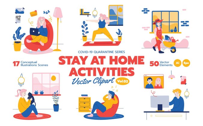 时尚可爱居家活动矢量插画大合集