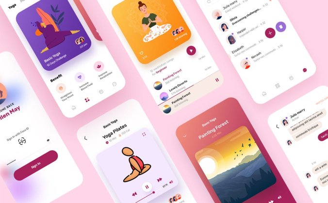 一套瑜伽冥想移动端UI设计PSD\XD模板下载