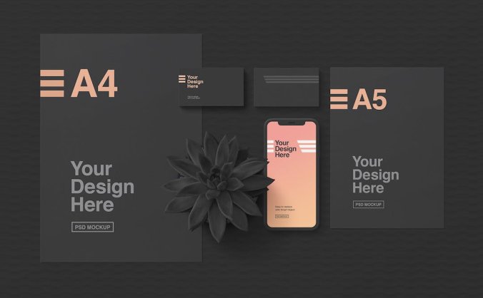 深色极简主义文具设计展示样机手机PSD素材下载