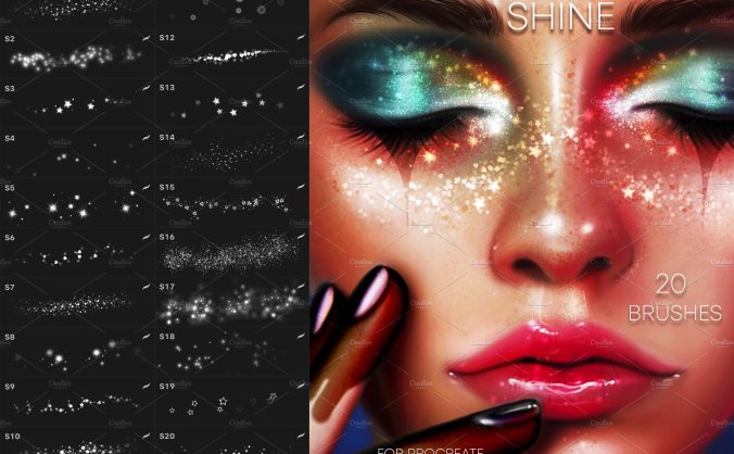 20个适用在Procreate上的脸部化妆发光粒子笔刷素材