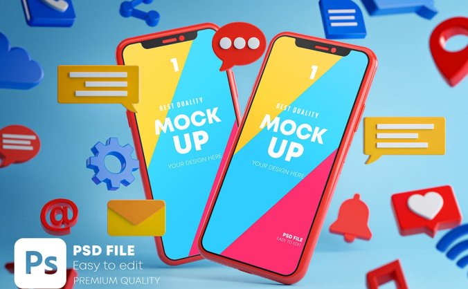 一组社交媒体3D样式手机PSD素材