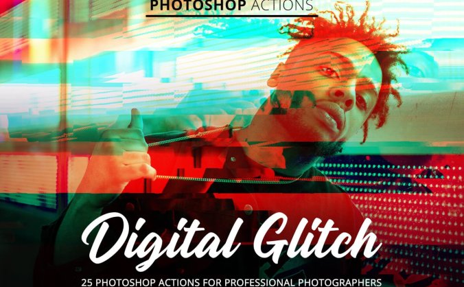 一键全自动生成数字小故障毛刺酷炫效果PS特效动作