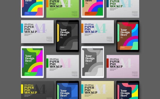 平板电脑及A4景观纸模型PSD套装样机素材