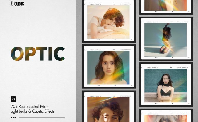 一组非常逼真的光学/棱镜/彩虹漏光光影效果PS叠层图片素材