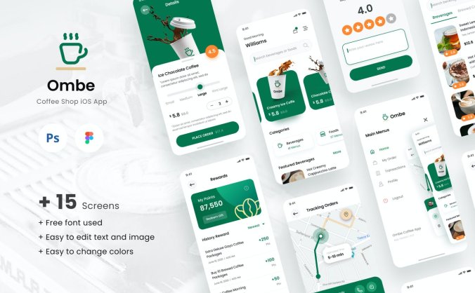 15个高品质时尚高端咖啡店手机移动APP UI KITS