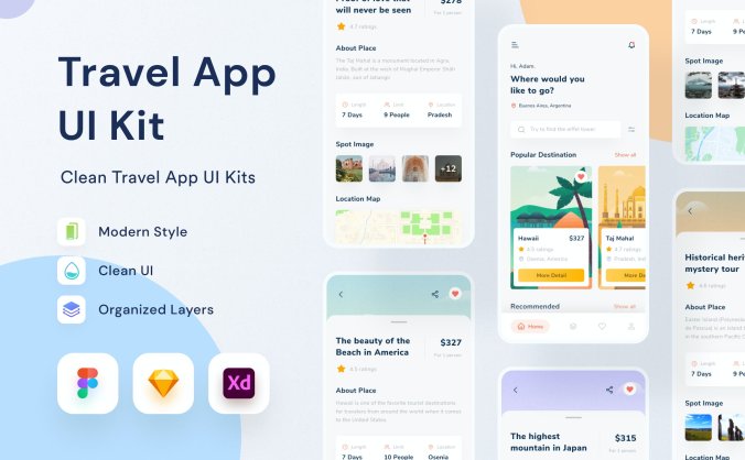 一套旅行旅游主题的App UI Kit素材