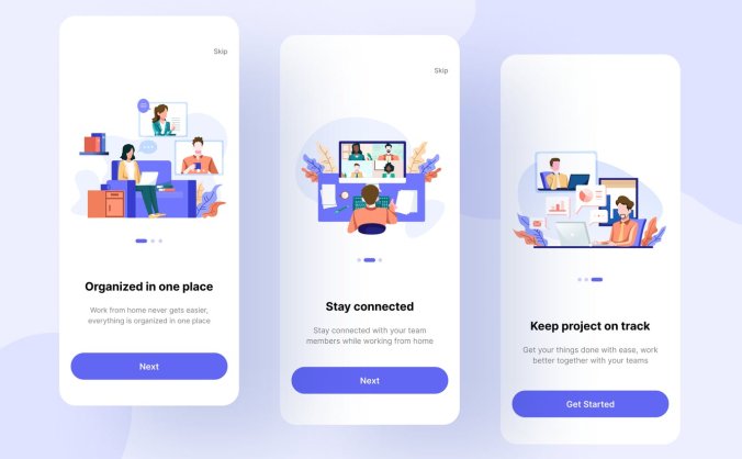 一组紫色插画矢量风格APP引导页素材