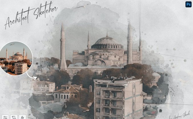 一键将图片转换成高端逼真质感素描手绘水墨水彩风格PS动作效果