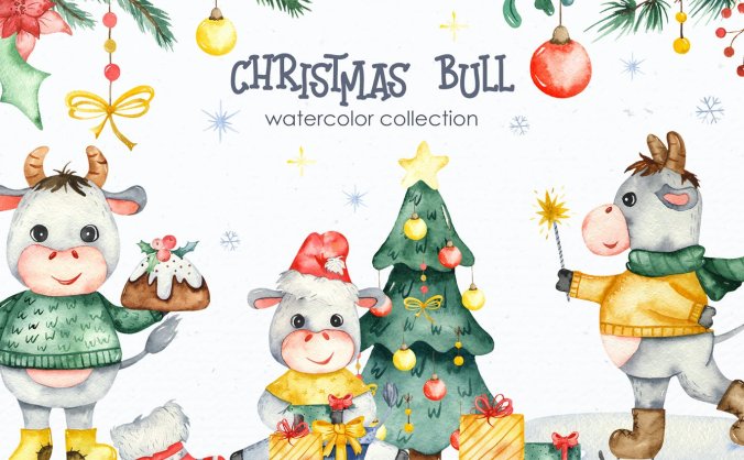手绘水彩风格的新年圣诞节元素插画大集合