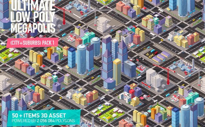 低多边形城市模型低面模型地面城市建筑C4D模型素材