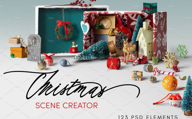 圣诞装饰元素场景PSD素材元素文件夹
