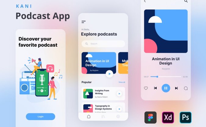 7个清新简约时尚播客APP UI KITS素材