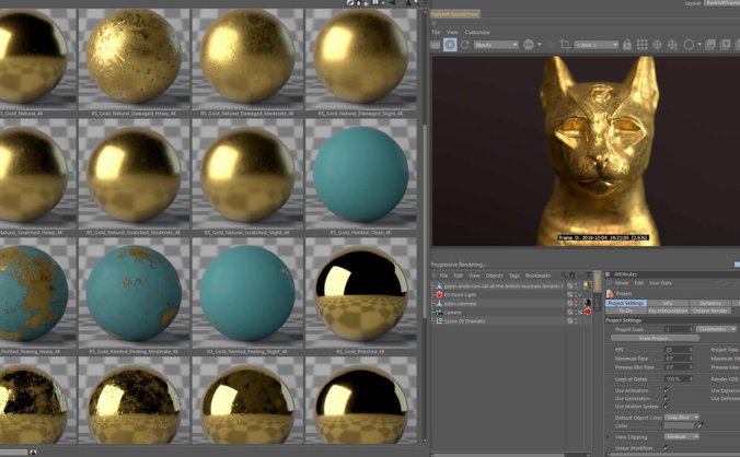 260多个Redshift金属质感钢铁黄金银铜等材质预设C4D素材包