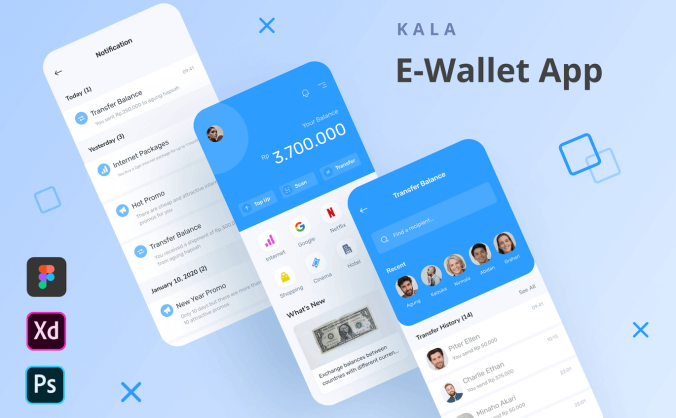 高品质蓝色移动手机钱包微信支付宝余额APP UI KIT素材