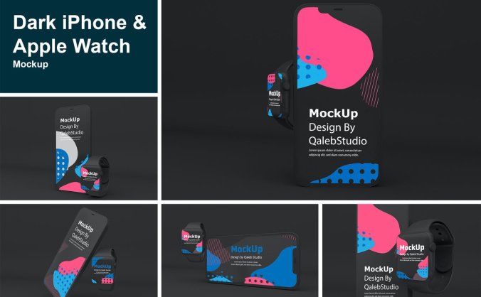 5个深色iPhone 12和Apple Watch APP UI样机PSD样机素材