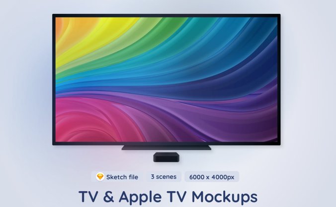 3个不同场景的电视和Apple TV UI样机PSD展示素材