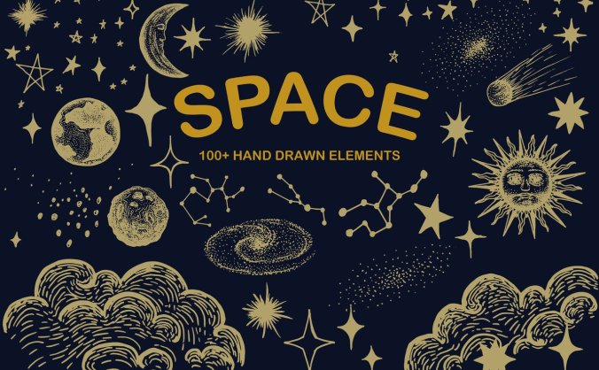 100+太空手绘宇宙太阳行星12星座矢量插画素材包